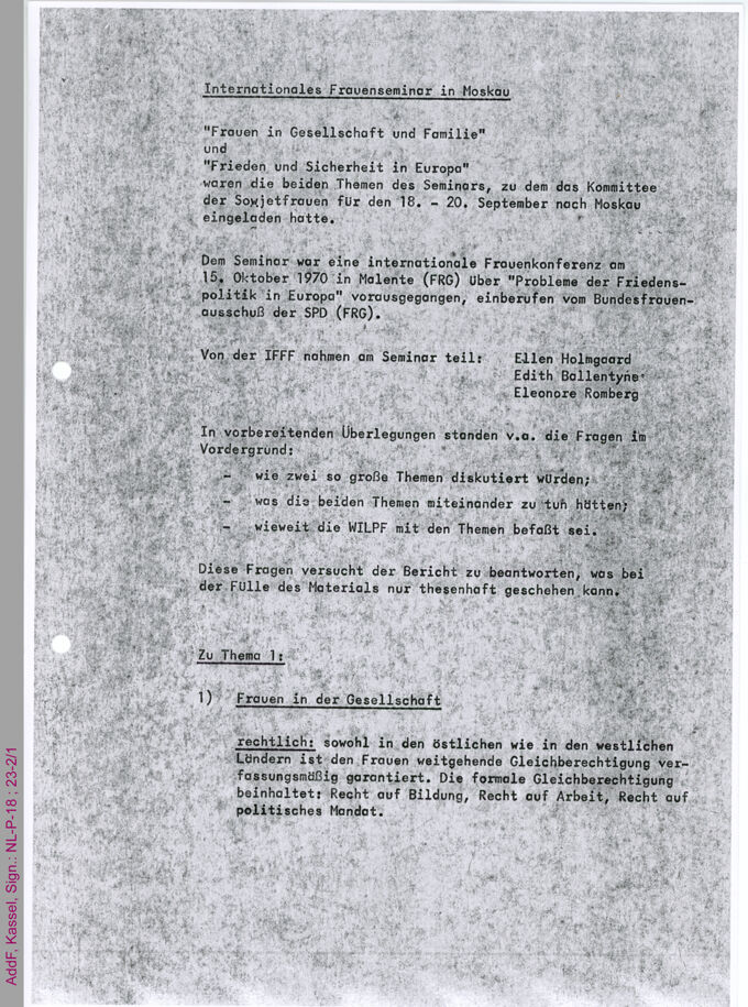 Bericht über das Internationale Frauenseminar in Moskau vom 18. bis 20. September 1971 / Seite 1