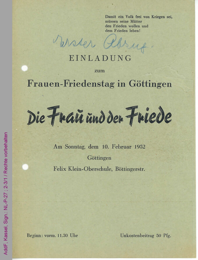 Einladung und Programm zum Frauen-Friedenstag in Göttingen am 10. Februar 1952 / Seite 1