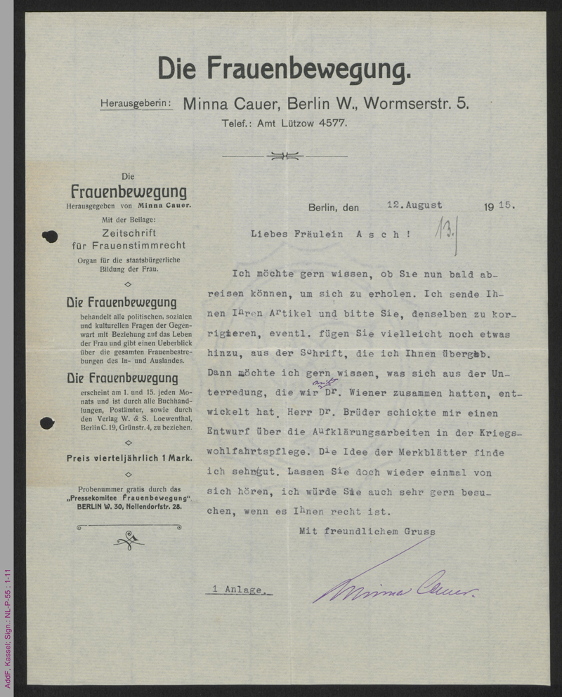 Brief von Minna Cauer an Betty Asch