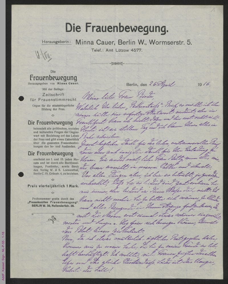 Brief von Minna Cauer an Betty Binder-Asch