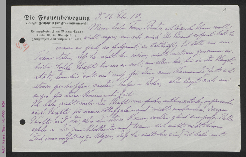 Brief von Minna Cauer an Betty Binder-Asch