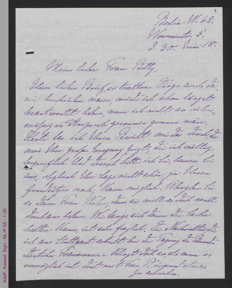 Brief von Minna Cauer an Betty Binder-Asch