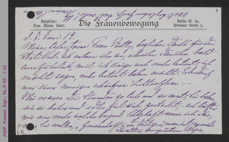 Postkarte von Minna Cauer an Betty Binder-Asch