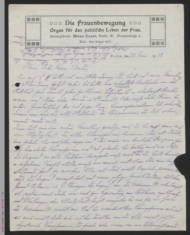 Brief von Minna Cauer an Betty Binder-Asch