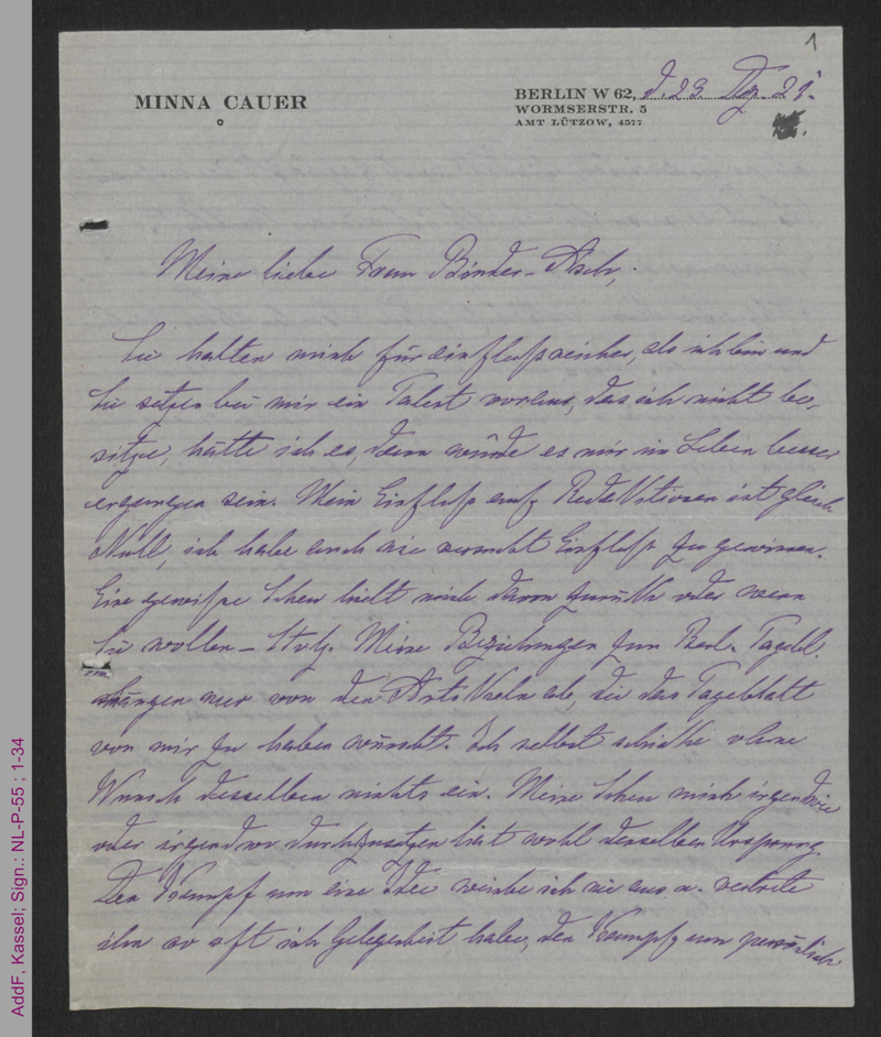 Brief von Minna Cauer an Betty Binder-Asch