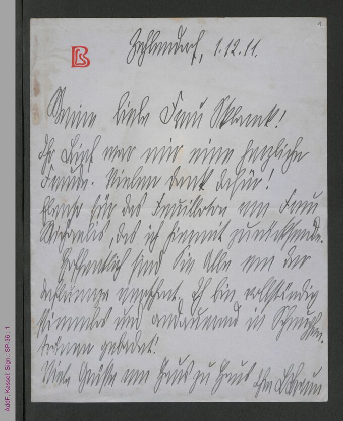 Brief von Lily Braun an Francis Sklarek, hs. / Seite 1
