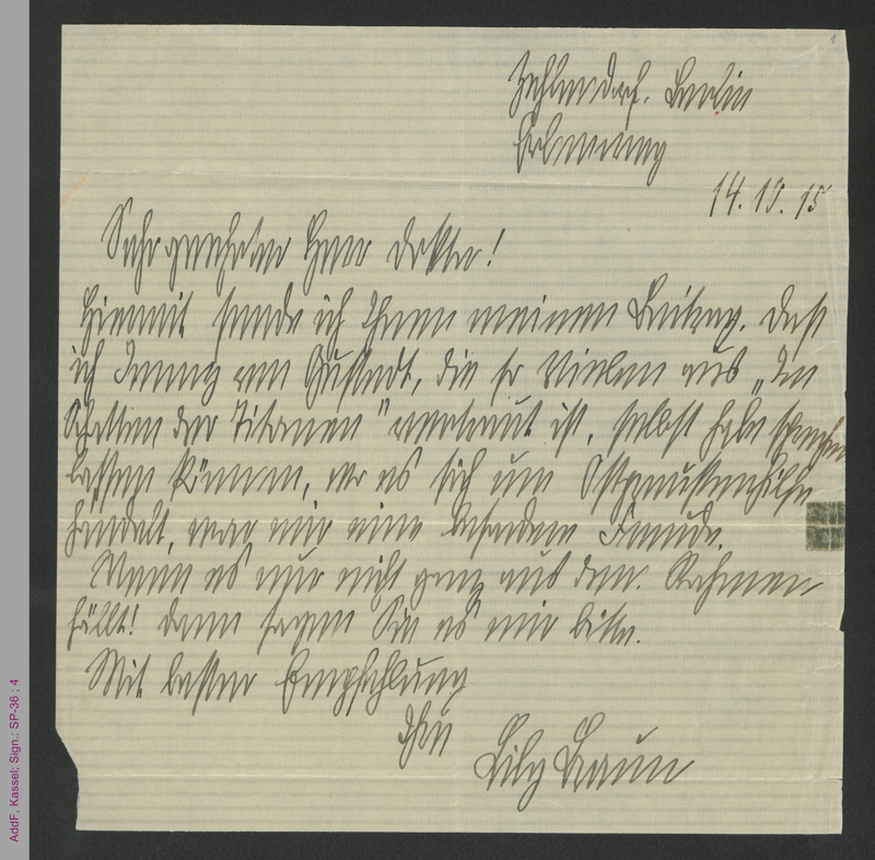 Brief von Lily Braun an unbekannt. hs