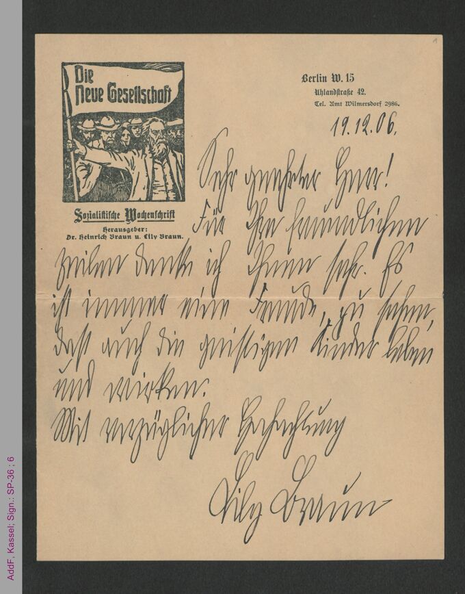 Brief von Lily Braun an unbekannt, hs / Seite 1