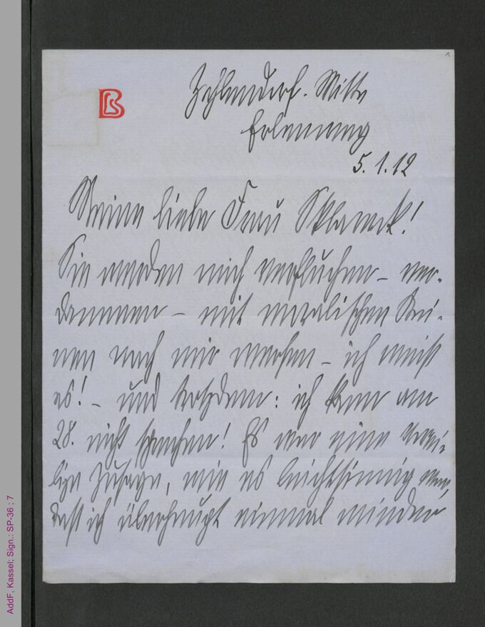 Brief von Lily Braun an Francis Sklarek, hs. / Seite 1
