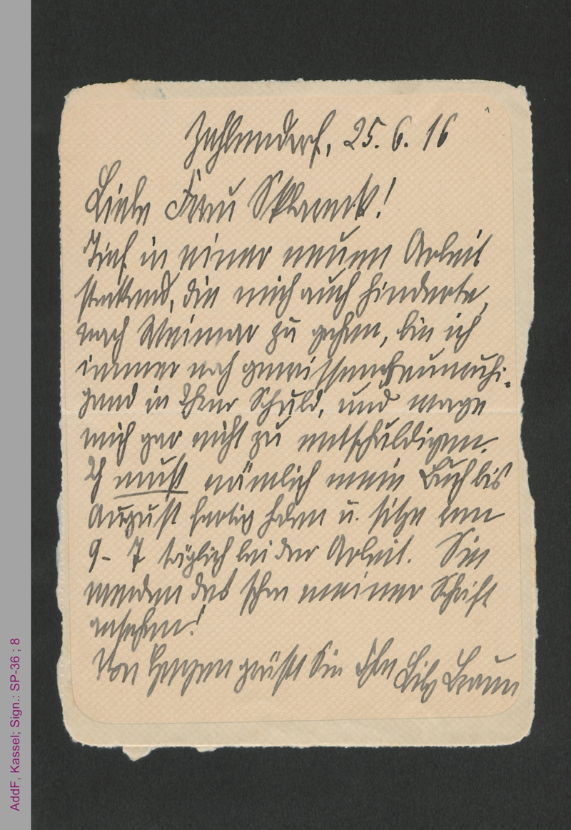 Brief von Lily Braun an Francis Sklarek, hs.