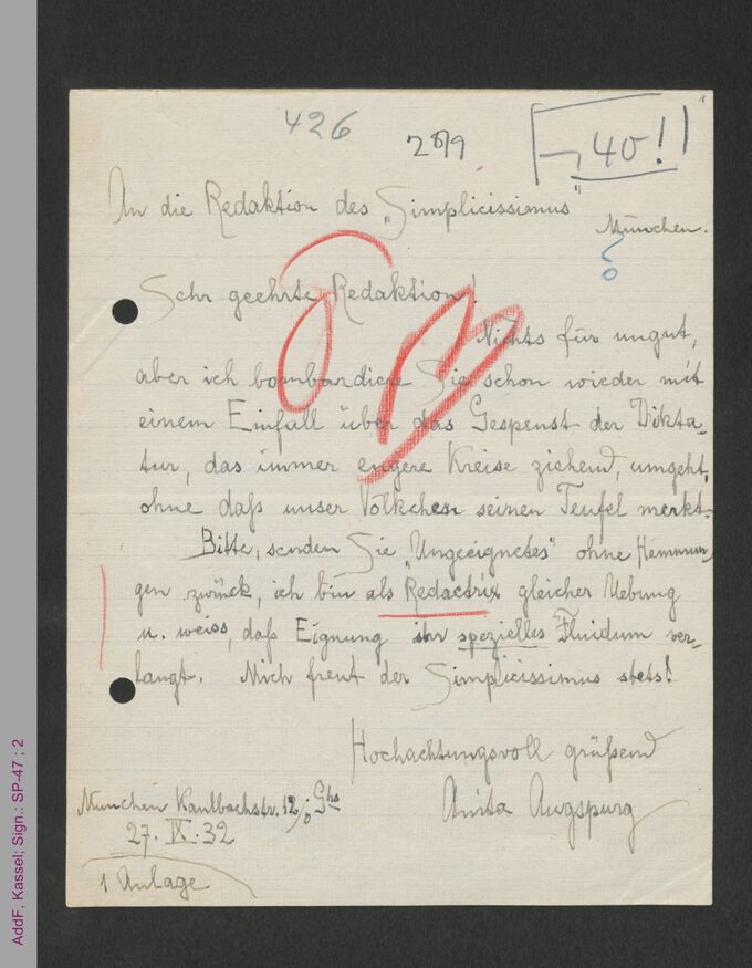 Brief von Anita Augspurg an die Redaktion des Simplicissimus, hs / Seite 1