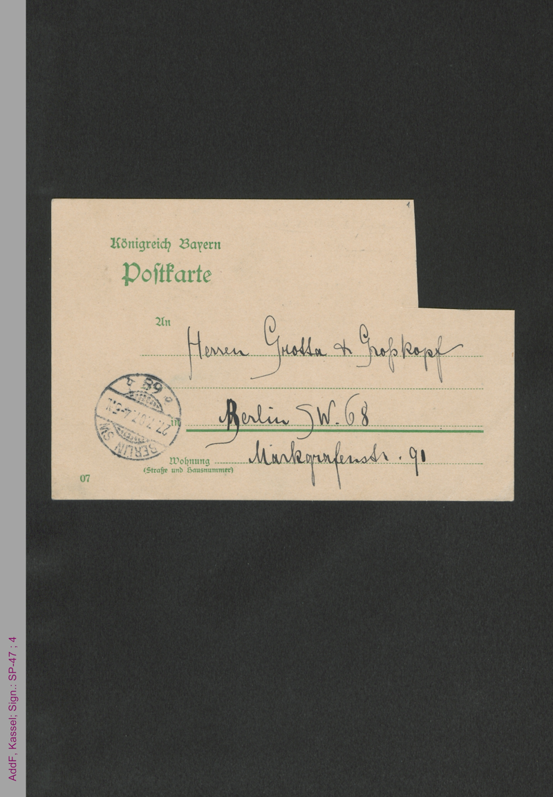 Postkarte von Anita Augspurg an die Herren Grotta und Großkopf, hs.