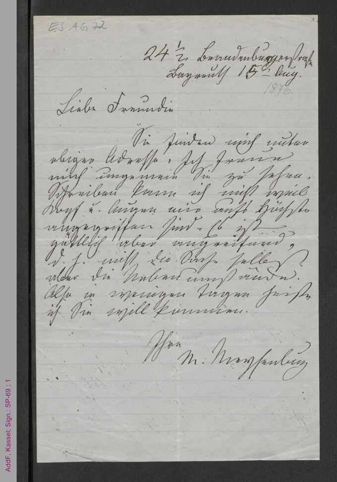 Brief von Malwida von Meysenbug an eine Freundin, hs. / Seite 1