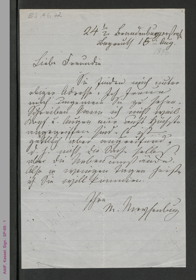 Brief von Malwida von Meysenbug an eine Freundin, hs.