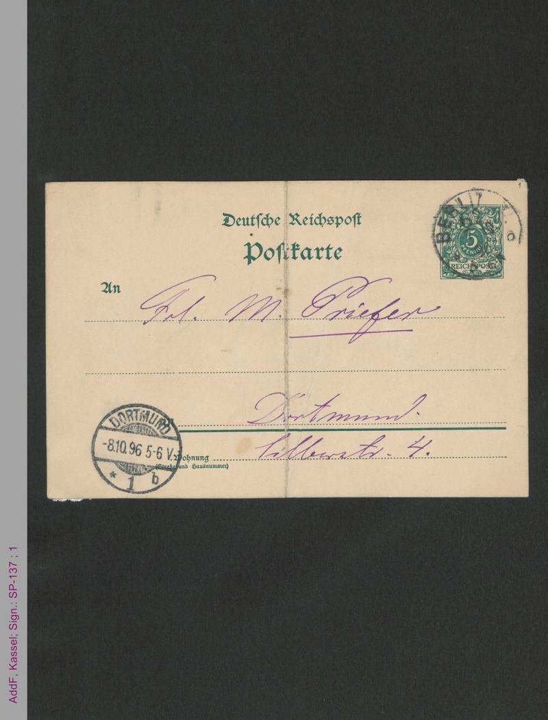 Postkarte von Minna Cauer an Fräulein M. Priefer, hs
