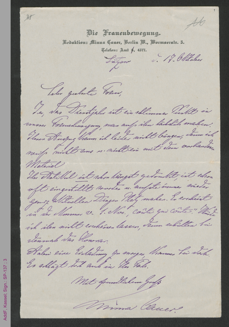 Brief von Minna Cauer an Grete Meisel-Hess, hs