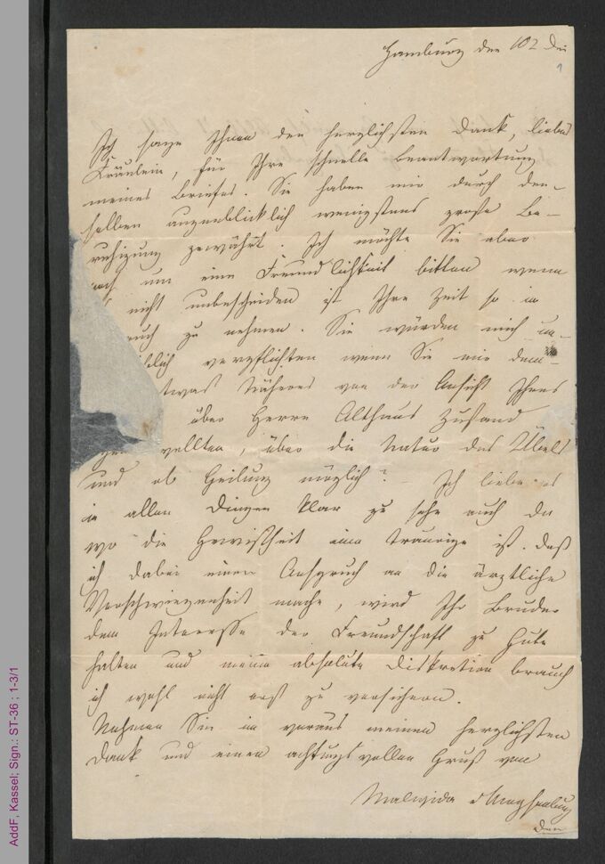 Brief von Malwida von Meysenbug an Pauline Hassenstein, hs. / Seite 1