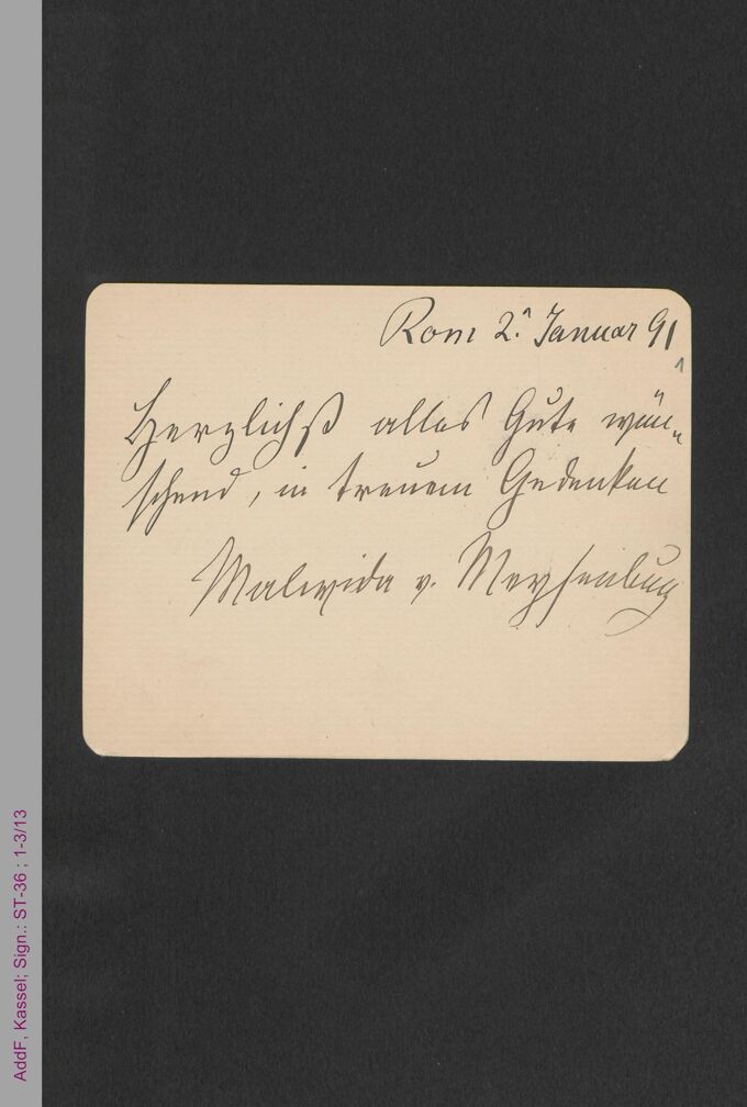 Briefkarte von Malwida von Meysenbug an Amalie Wertheim, hs. / Seite 1