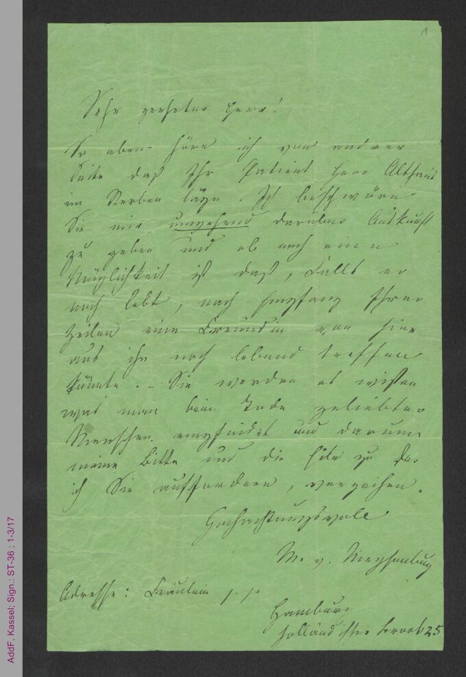 Brief von Malwida von Meysenbug an Herrn Dr. Hassenstein, Gotha, hs. / Seite 1