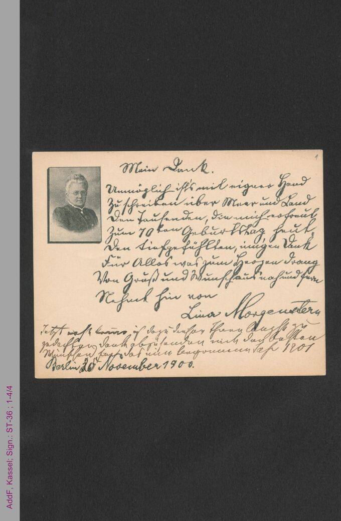 Briefkarte von Lina Morgenstern an unbekannt, hs. / Seite 1