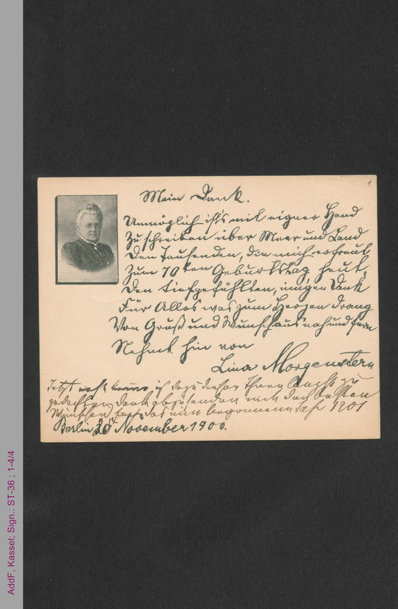 Briefkarte von Lina Morgenstern an unbekannt, hs.