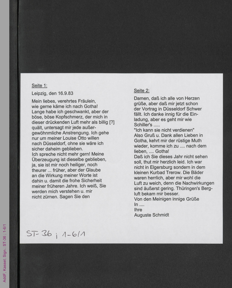 Brief von Auguste Schmidt an unbekannt, hs.