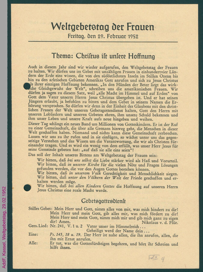 Weltgebetstag der Frauen : Freitag, den 29. Februar 1952 ; Thema: Christus ist unsere Hoffnung / Seite 1
