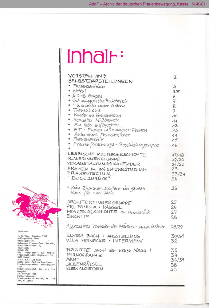 Inhaltsverzeichnis der ersten Nummer der Zeitschrift Krampfader / Seite 1