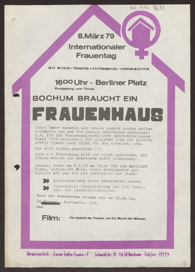 "8.März 79. Internationaler Frauentag. BOCHUM BRAUCHT EIN FRAUENHAUS"