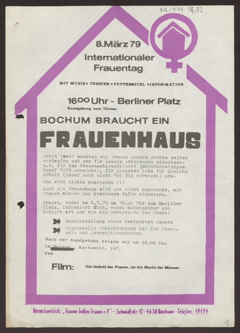 "8.März 79. Internationaler Frauentag. BOCHUM BRAUCHT EIN FRAUENHAUS"