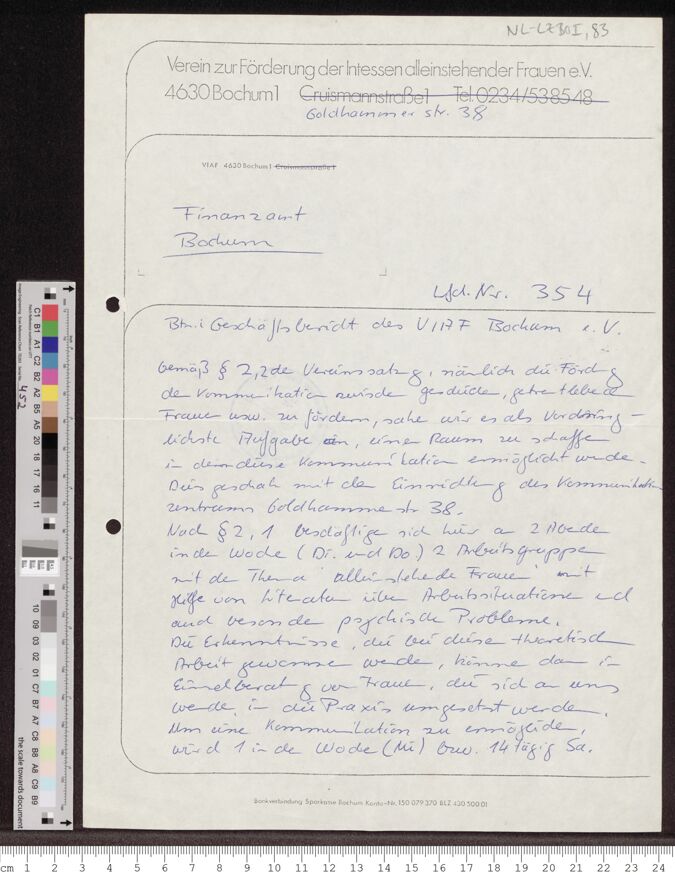 Verein zur Förderung der Interessen alleinstehender Frauen e.V. (VIAF), Bochum Goldhammerstr. 38 [sic!]: Schreiben an das Finanzamt Bochum, "Betr. Geschäftsbericht des VIAF Bochum e.V."