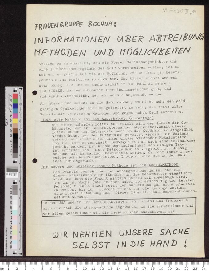 "Frauengruppe Bochum: Informationen über Abtreibung: Methoden und Möglichkeiten"