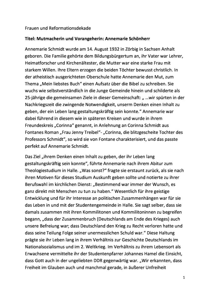 Mutmacherin und Vorangeherin: Annemarie Schönherr / Seite 1