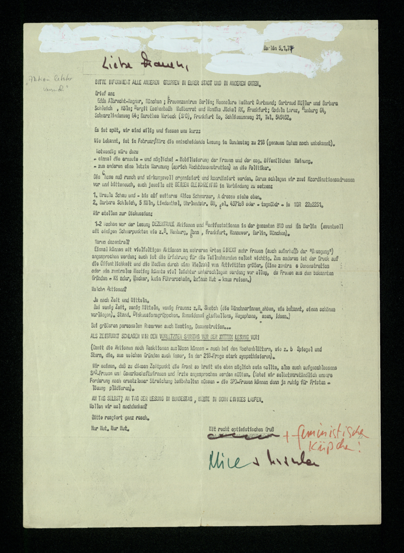 Initiativgruppe "218 Letzter Versuch" : Rundbrief Nr. 1