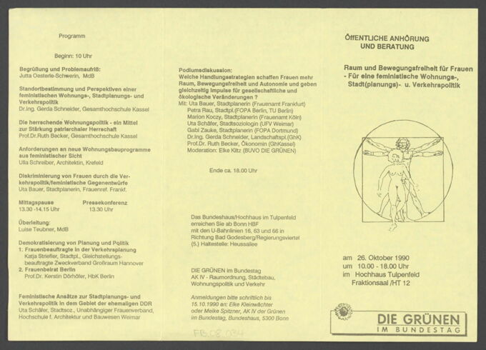 Öffentliche Anhörung und Beratung : Raum und Bewegungsfreiheit für Frauen ; für eine feministische Wohnungs-, Stadt (planungs)- u. Verkehrspolitik / Seite 1