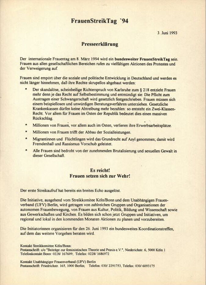 FrauenStreikTag '94 : Presseerklärung / Seite 1