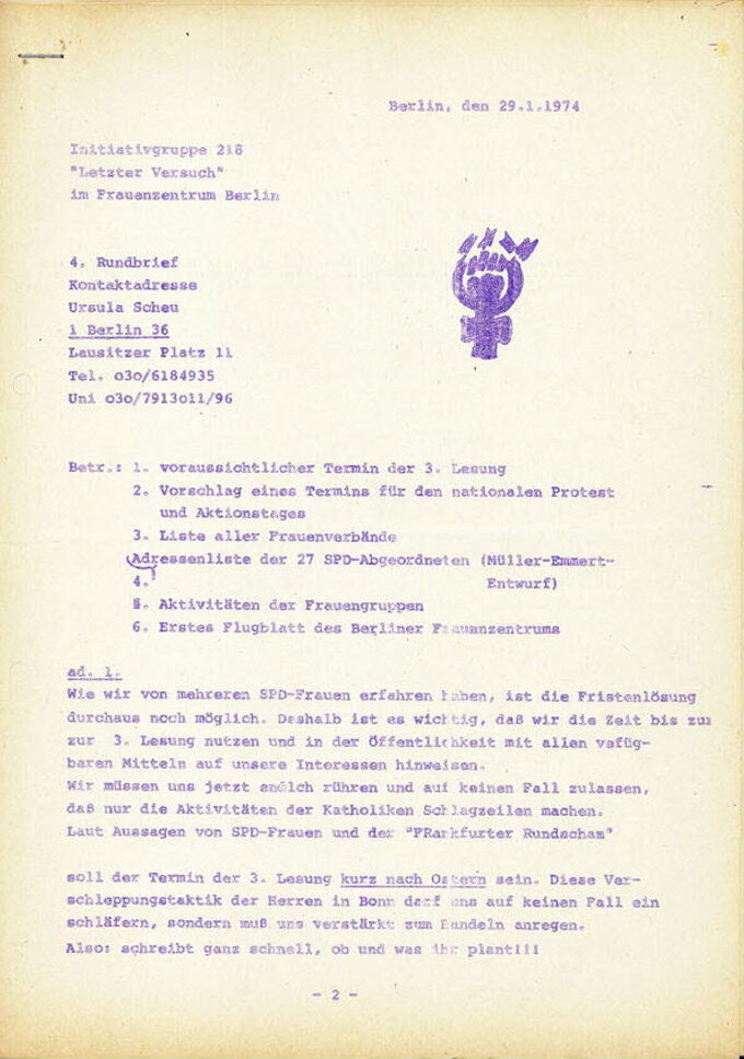 Initiativgruppe "218 letzter Versuch" im Frauenzentrum Berlin / Seite 1