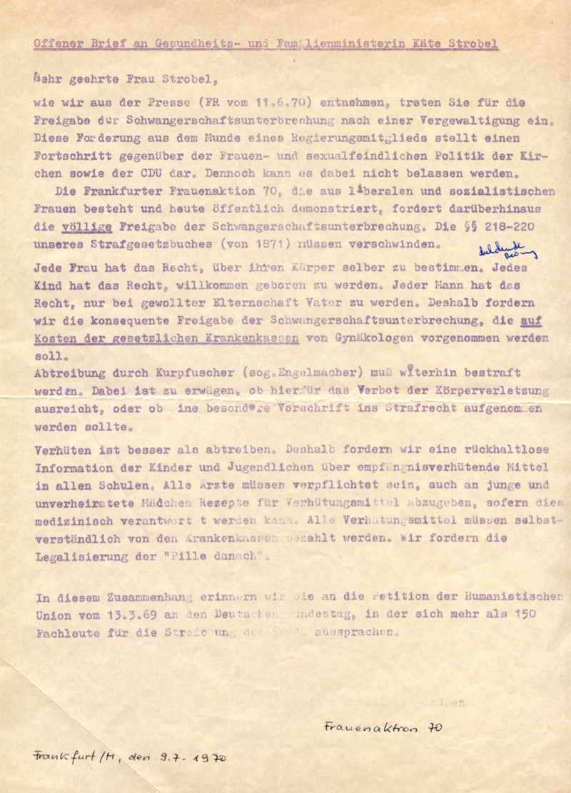 Offener Brief an Gesundheits- und Familienministerin Käte Strobel