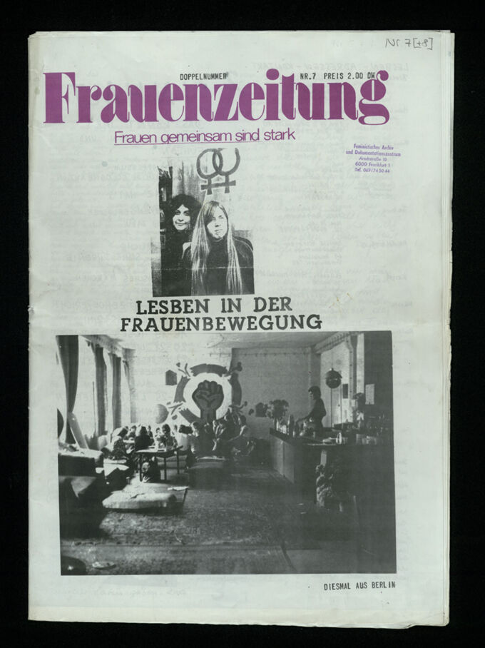 Frauenzeitung : Frauen gemeinsam sind stark ; Lesben in der Frauenbewegung (1975)7/8 / Seite 1