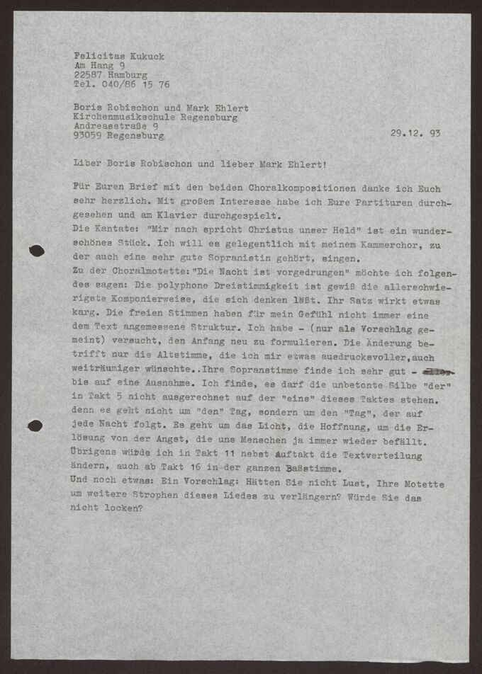 Brief: Felicitas Kukuck an Robischon und Ehlert, 29.12.1993 / Seite 1
