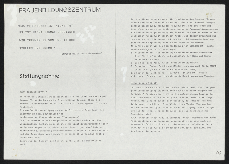Prozess verloren! : Kellermann gegen Frauen lernen gemeinsam e.V.; Dokumentation