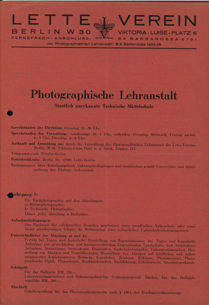 Prospekt der Photographischen Lehranstalt im Lette-Verein