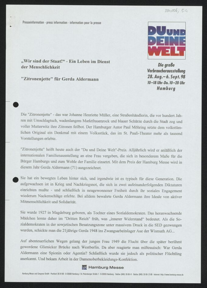 "Wir sind der Staat!" - Ein Leben im Dienst der Menschlichkeit - "Zitronenjette" für Gerda Aldermann