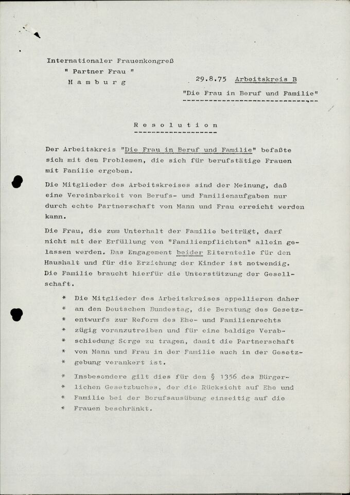 Resolution "Die Frau in Beruf und Familie"