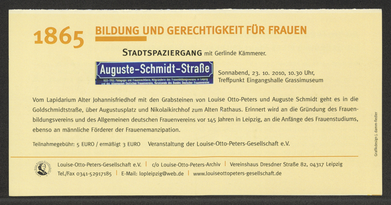 1865. Bildung und Gerechtigkeit für Frauen : Junge Leute lassen Frauen-Geschichte lebendig werden: In Leipzig wurden vor 145 Jahren der Frauenbildungsverein und der Allgemeine Deutsche Frauenverein gegründet. Szenische Darbietung, Festvortrag und Musik