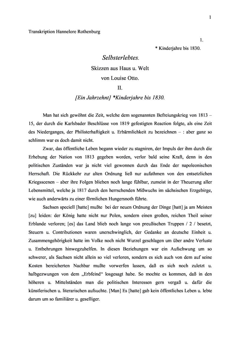 Otto, Louise: Selbsterlebtes. Skizzen aus Haus und Welt. II. Kinderjahre bis 1830