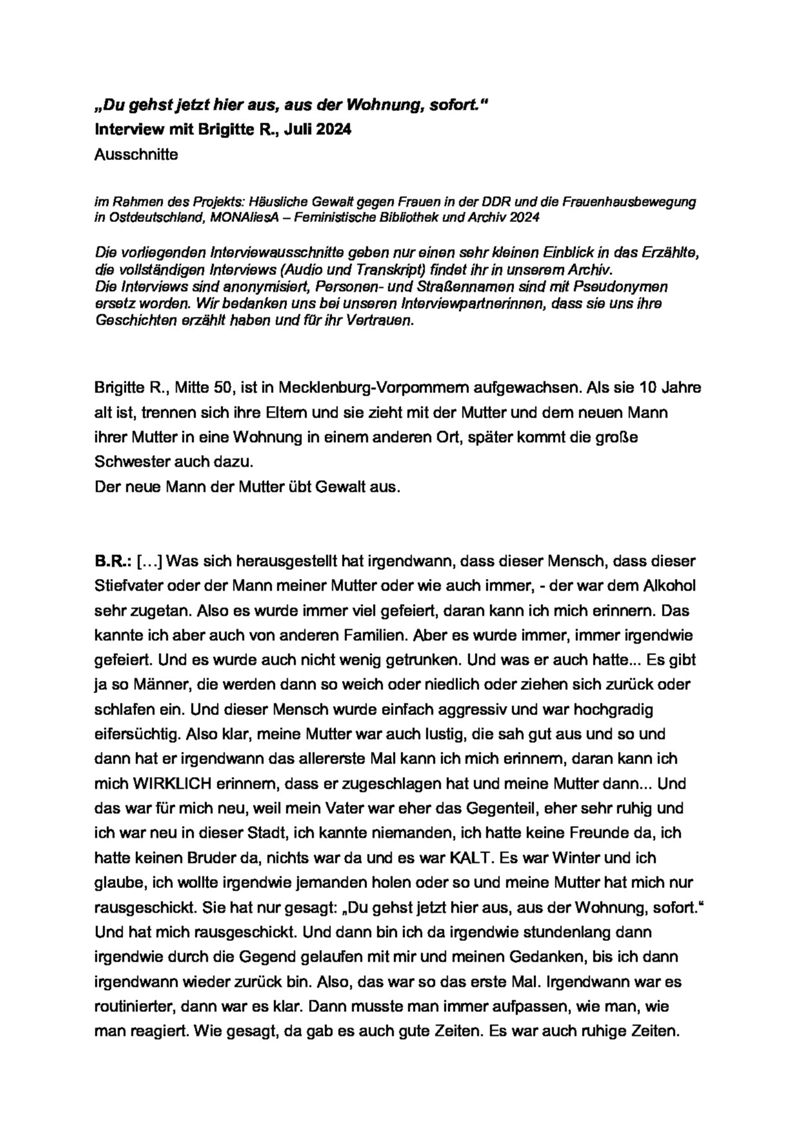 [Patriarchale Gewalt] : Interview mit Brigitte R. zum Umgang mit ihren Erfahrungen mit einem gewalttätigen Stiefvater [Online-Ressource]