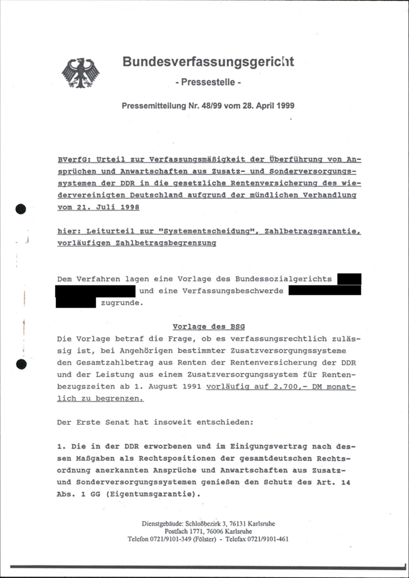 [Verein der in der DDR geschiedenen Frauen e.V.] : [Juristischer Aktivismus: Gerichtsurteile, Stellungnahmen der Gerichte, Klagen]