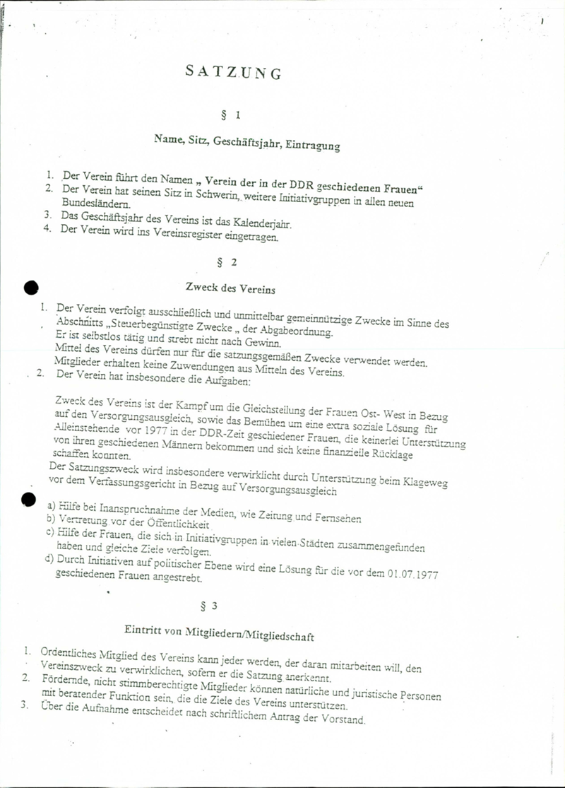 Verein der in der DDR geschiedenen Frauen e.V. : Vereinsangelegenheiten