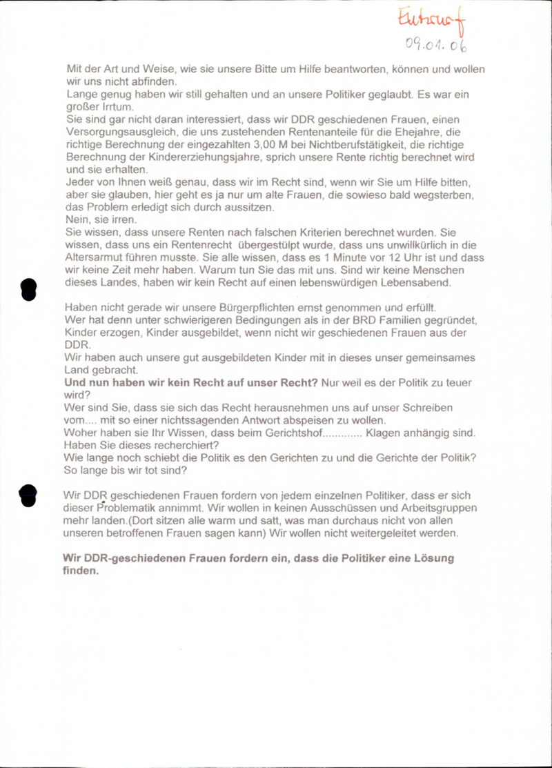 Verein der in der DDR geschiedenen Frauen e.V. : Politischer Aktivismus: Informationsmaterialien